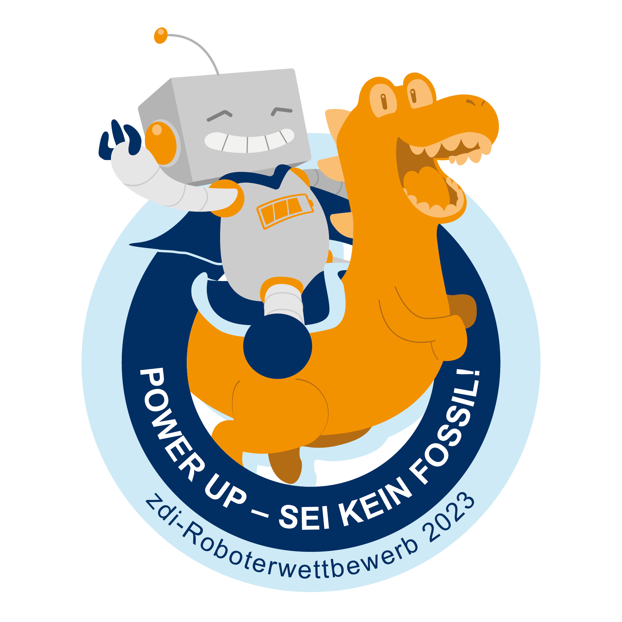 Die Grafik zeigt das Logo des zdi-Roboterwettbewerbs 2023. Es zeigt einen Roboter, der auf einem T-Rex reitet. Beide lachen fröhlich. Darunter steht das Motto "Power Up - Sei kein Fossil!" und zdi-Roboterwettbewerb 2023.