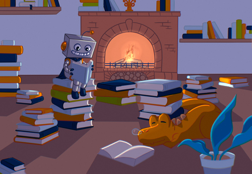 Das Bild hat eine dekorative Funktion. Es zeigt einen Roboter, der auf einem Stapel Bücher sitzt und lächelnd ein Buch liest. Im Hintergrund sind viele Bücherstapel und ein Kamin zu sehen. Im Vordergrund steht eine Topfpflanze und ein Dino liegt schlafend vor einem aufgeschlagenen Buch.