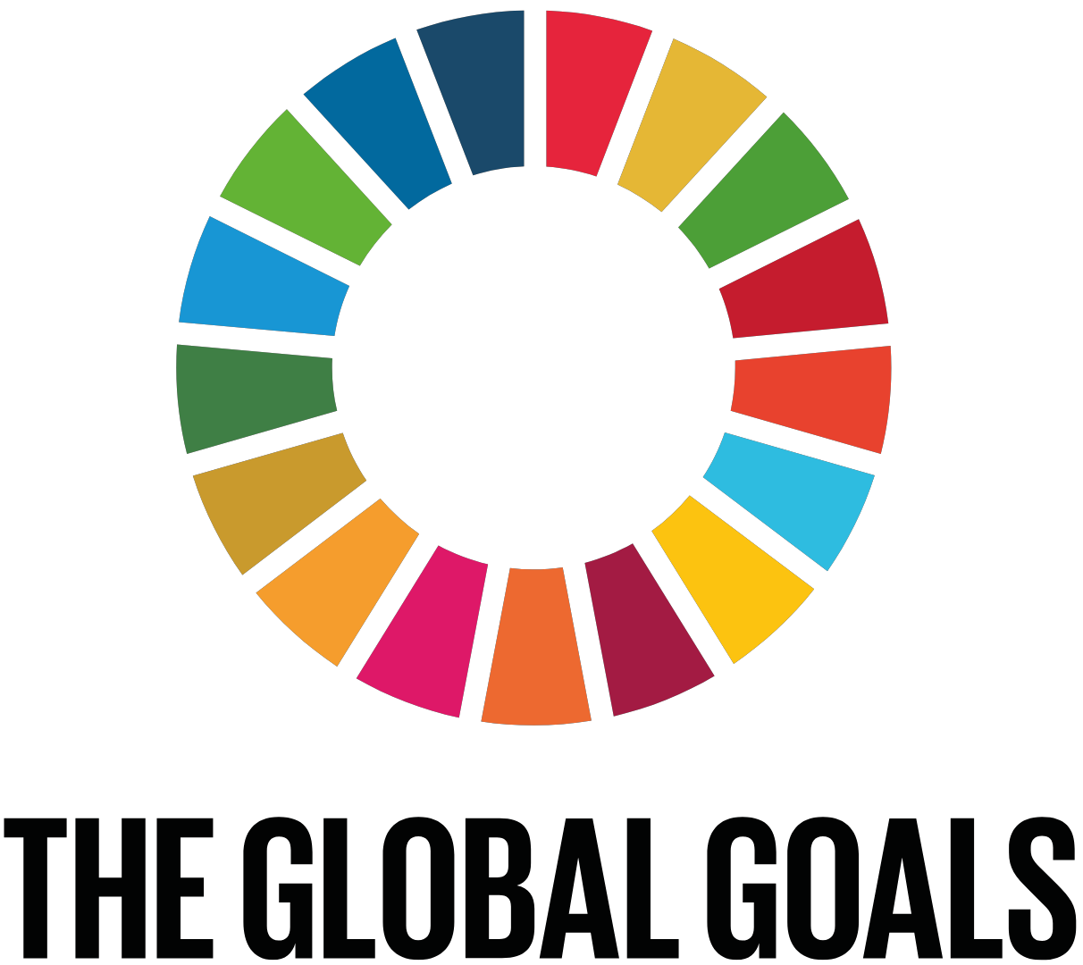 Die Grafik zeigt das Logo der Ziele für nachhaltige Entwicklung: Einen Kreis aus farbigen Blöcken, die für die verschiedenen Ziele stehen. Darunter steht "The Global Goals".