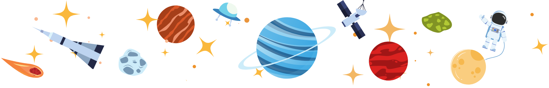 Eine Bunte Grafik, die Planeten, Raketen, Satteliten, Kometen und Sterne zeigt. Rechts schwebt auch ein kleiner Astronaut.