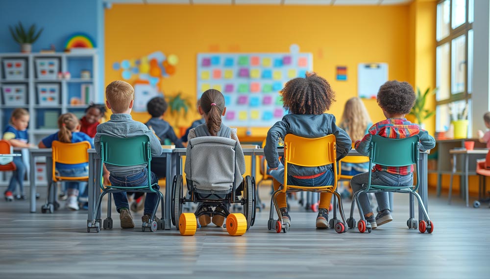 Eine Gruppe von Kindern sitzt auf Stühlen in einem Klassenzimmer.