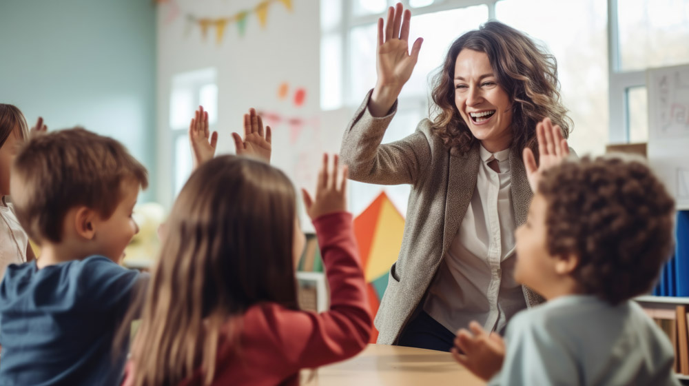 Eine Lehrerin in einem Klassenzimmer mit Kindern, die ihre Hände heben.