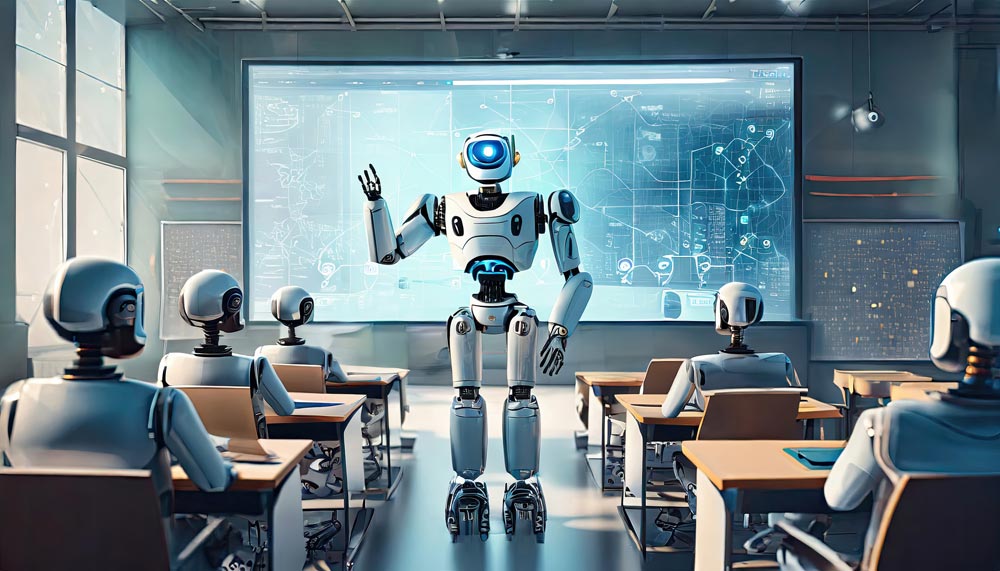 Ein Roboter steht vor einem Klassenzimmer voller Roboter-Schüler.