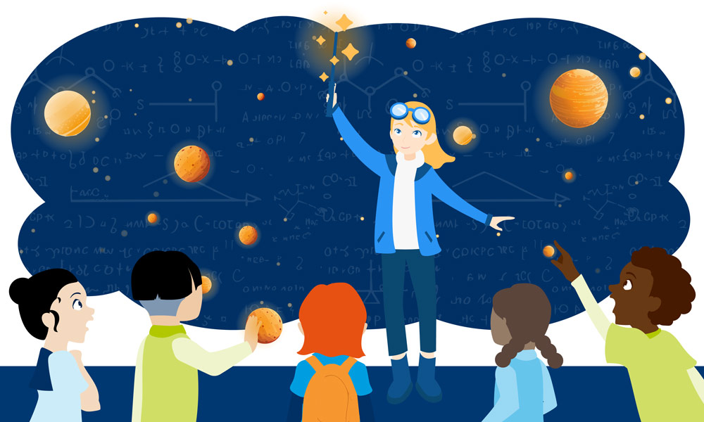 Eine Gruppe Kinder steht vor einer Tafel mit Planeten und Formeln. Vor der Tafel steht eine MINT-Zauberin.