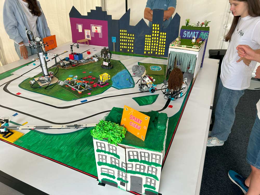 Das Bild zeigt eine detailreiche Miniatur-Modellstadt mit Beschriftungen wie „Smart City“ und „SMART AVG“. Menschen stehen herum und betrachten die Ausstellung, die zukünftige Innovationen zeigt.