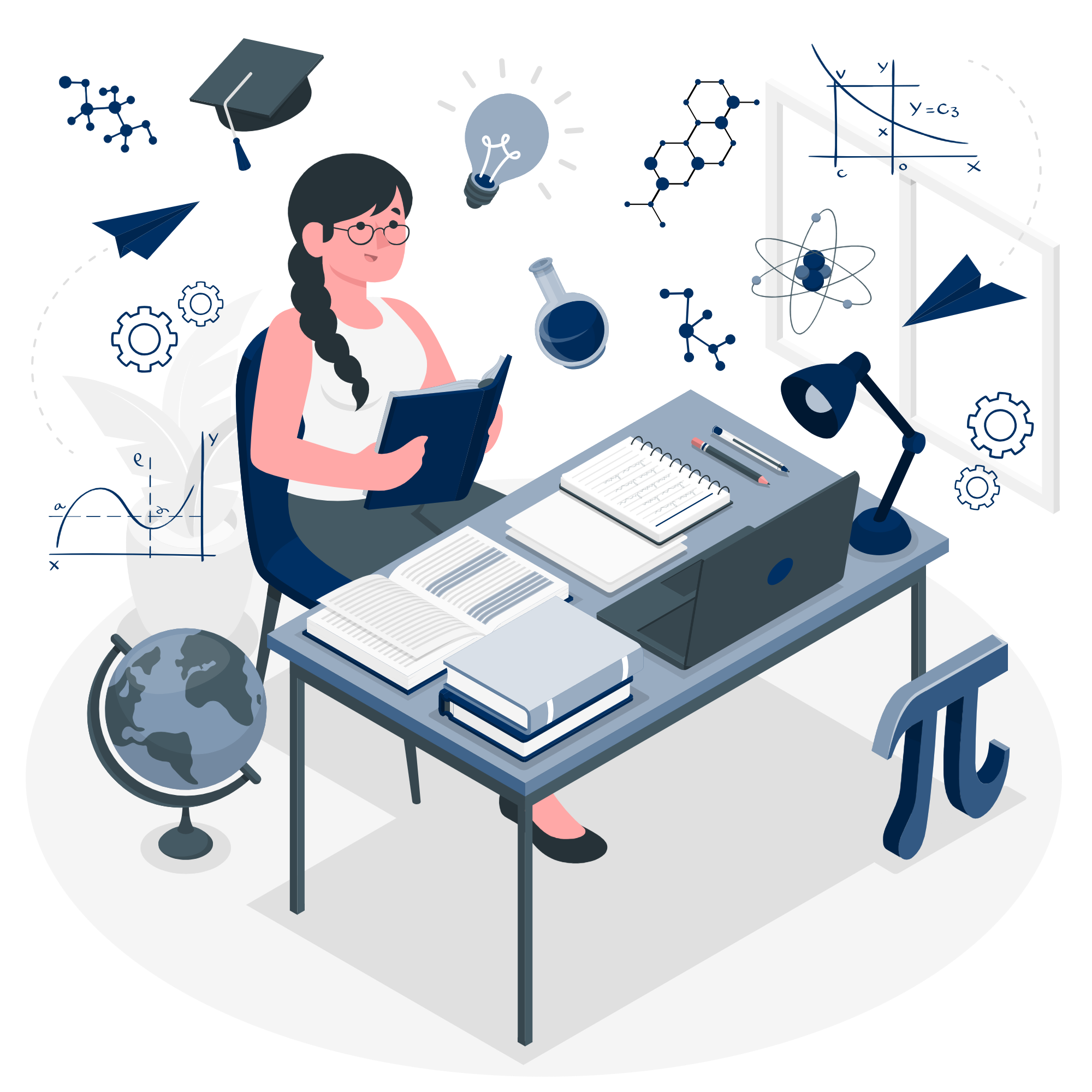 Eine Frau mit Brille liest an einem Schreibtisch ein Buch. Auf dem Schreibtisch liegen ein Laptop, Notizbücher und ein Globus. Sie ist von wissenschaftlichen Symbolen umgeben.