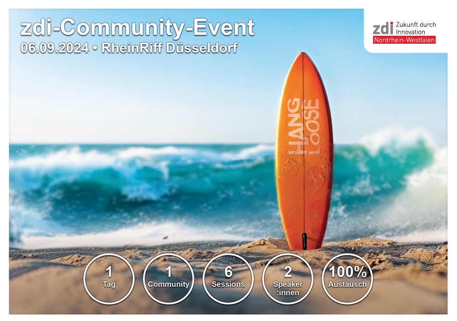 Das Promotionplakat zum „zdi-Community-Event“ am 06.09.2024 im RheinRiff Düsseldorf zeigt ein oranges Surfbrett am Strand. Unter dem Bild sind Veranstaltungsdetails und Programmhighlights abgebildet. Dort steht; 1 Tag, 1 Community, 6 Sessions, 2 Speaker:innen, 100% Austausch