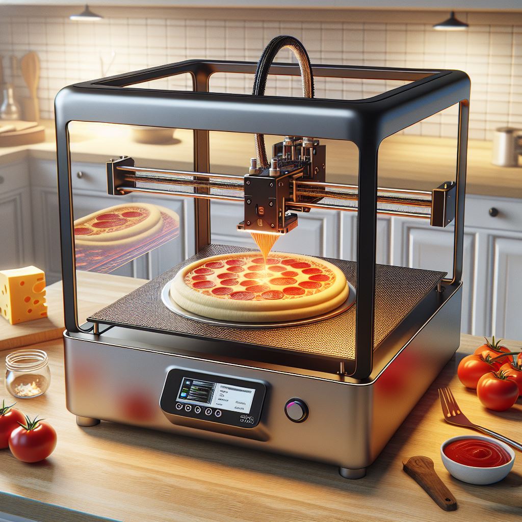 Das Bild zeigt einen 3D-Drucker, der in einer Küche steht und eine Salami-Pizza druckt. Um den Drucker liegen Zutaten wie Tomaten, Käse und Sauce.