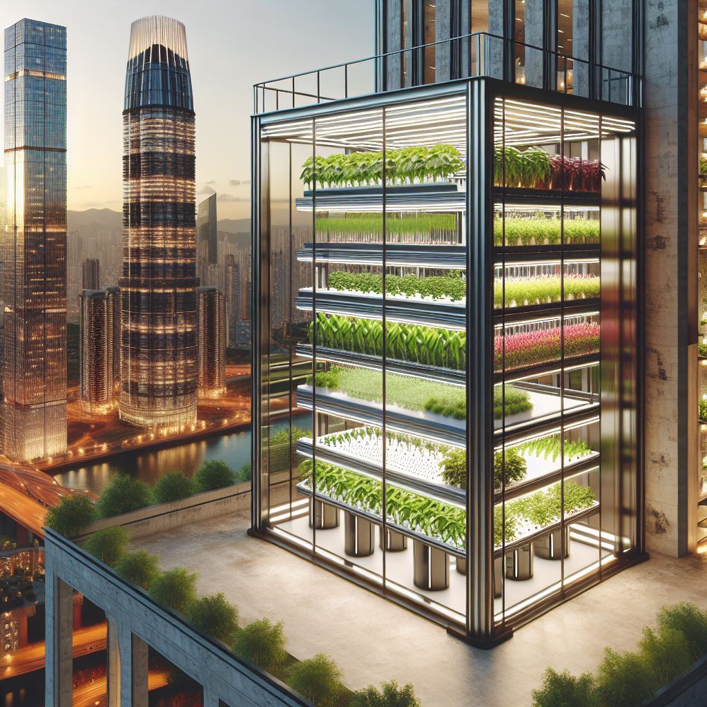 Ein fotorealistisches Bild, das Vertical Farming auf eine Hochhaus in einer modernen urbanen Umgebung darstellt.