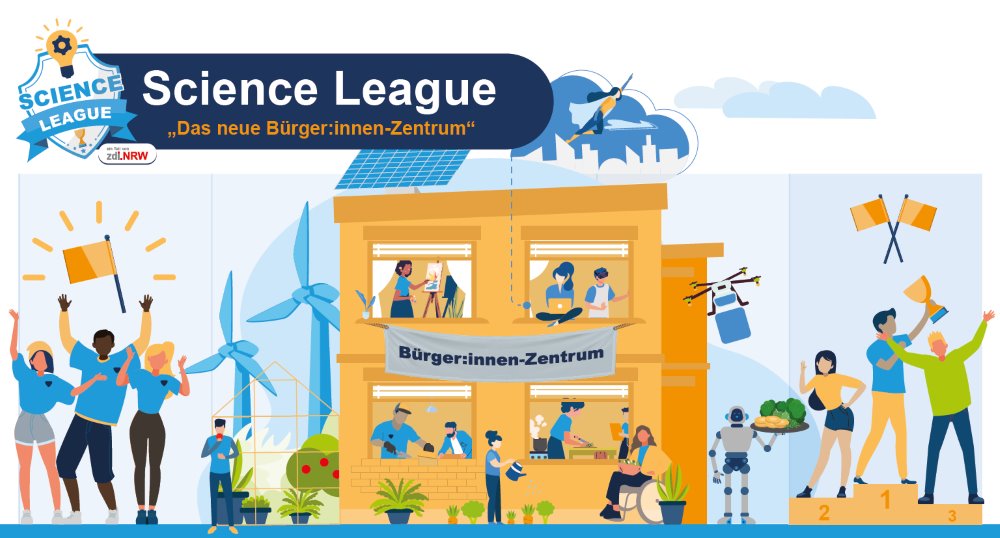 Die Illustration macht Werbung für die zdi-Science League unter dem Motto: Das neue Bürger:innenzentrum. Es zeigt ein Gebäude mit vielen unterschiedlichen Menschen darin, die man durch die Fenster und außerhalb vom Gebäude sehen kann. Sie beschäftigen sich mit technischen Geräten und beobachten Pflanzen. Eine Drohne fliegt in der Nähe und ein Roboter ist in der Szene zu sehen.