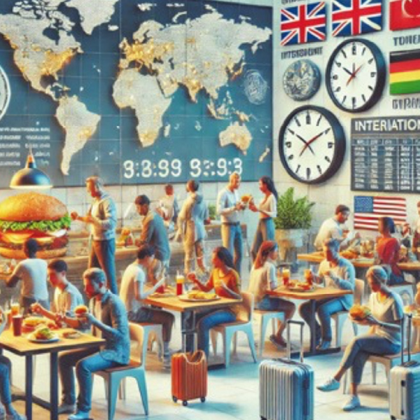 Ein gut besuchter Burger-Imbiss mit einer Weltkarte im Hintergrund.