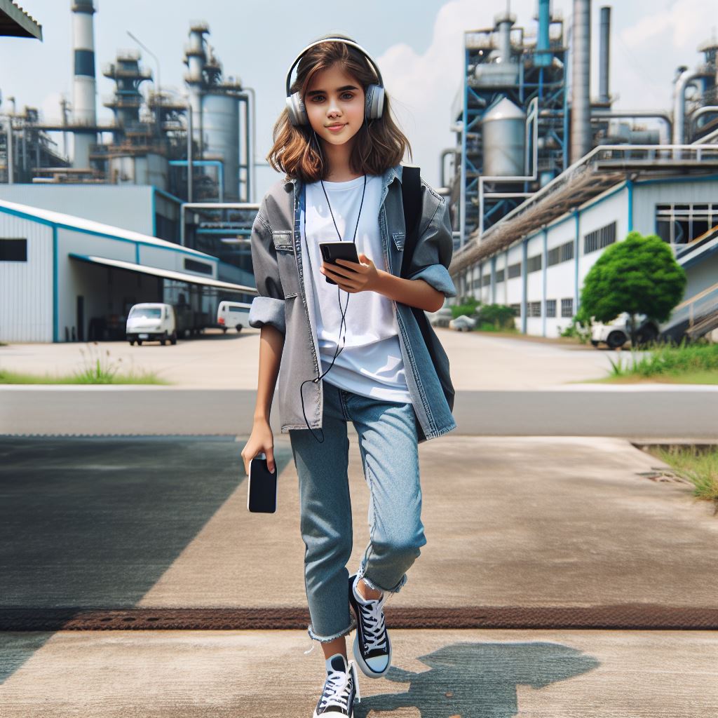 Das Bild zeigt eine junge Schülerin mit Kopfhörern und einem Handy in der Hand. Im Hintergrund befindet sich ein Industrieunternehmen. Das Bild soll eine Digital Native darstellen, die auf unkomplizierte Weise mit Berufsorientierung beschäftigt. Das Bild wurde mit KI erstellt.