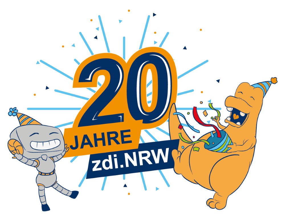 Ein Roboter und ein Dinosaurier, beide tragen Partyhüte und halten Partyartikel in den Händen, feiern 20 Jahre zdi.NRW. In der Illustration sind sie von Konfetti umgeben.