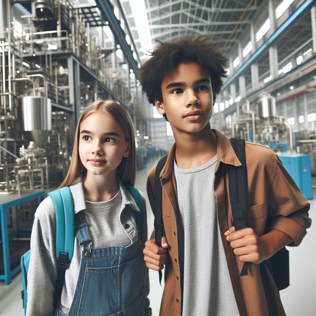 Ein Mädchen und ein Junge, etwa 16 Jahre alt, stehen nebeneinander in einem produzierenden Unternehmen mit Maschinen und schauen sich um. Das Bild soll Jugendliche bei der Berufswahl symbolisieren.