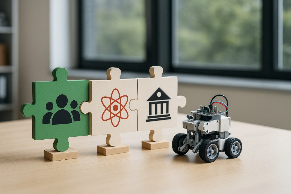 Ein kleiner Roboter auf Rädern steht neben drei großen Puzzleteilen auf einem Tisch. Jedes Puzzleteil zeigt ein Symbol: eines für Menschen, eines für Wissenschaft und eines für ein Gebäude.