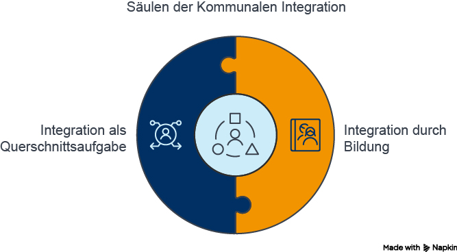 Die Abbildung zeigt schematisch zwei Säulen der Kommunalen Integration. Links steht „Integration als Querschnittsaufgabe“, rechts „Integration durch Bildung“. Jede Säule ist mit einem Symbol gekennzeichnet.