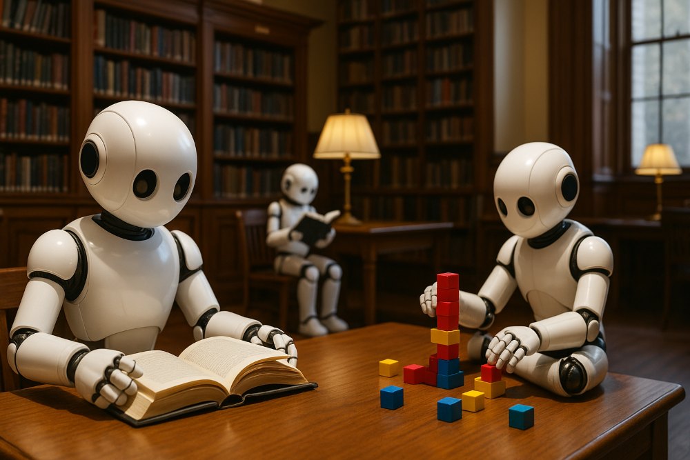 Drei humanoide Roboter stehen in einer Bibliothek. Zwei sitzen an einem Tisch; einer liest ein Buch, der andere stapelt bunte Bauklötze. Der dritte Roboter liest auf einem Stuhl im Hintergrund.