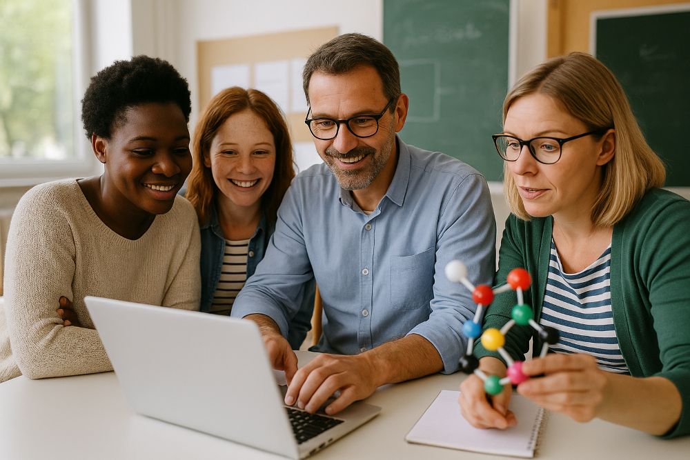 Vier Menschen sitzen an einem Tisch und schauen auf einen Laptop. Einer hält ein Molekülmodell in der Hand, was auf eine gemeinsame wissenschaftliche Diskussion hindeutet.