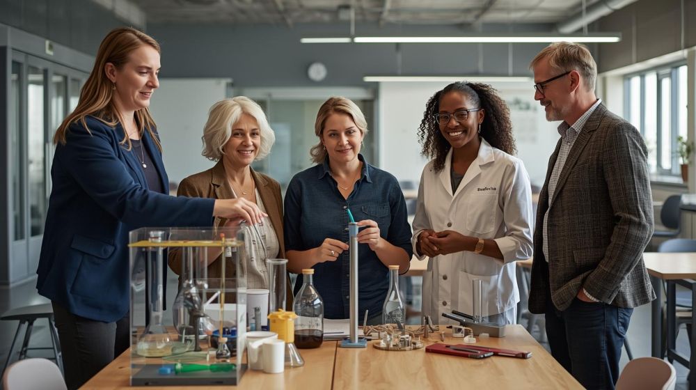 Fünf Erwachsene stehen um einen Labortisch mit wissenschaftlichen Geräten. Sie führen eine Diskussion in einem Labor.