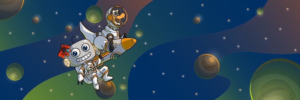 Zwei Cartoon-Astronauten fliegen auf einer Rakete durch den Weltraum
