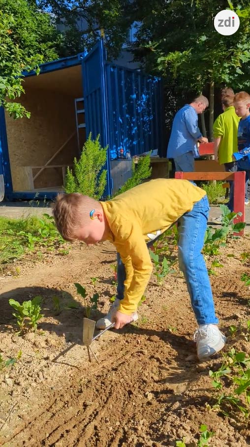 Junge harkt ein Beet im Garten