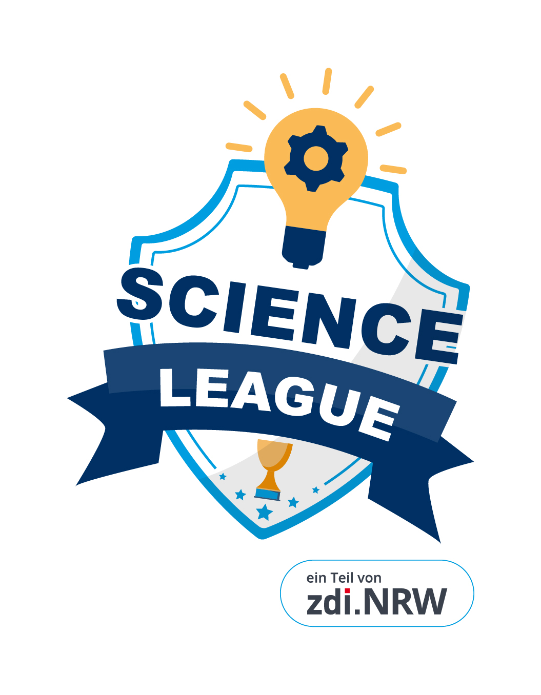 Logo der Science League mit Glühbirne, Zahnrad und dem Hinweis „ein Teil von zdi.NRW“