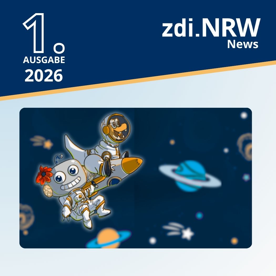 Titelbild der zdi.NRW News, Ausgabe 1/2026, mit zwei Comic-Astronauten im Weltraum