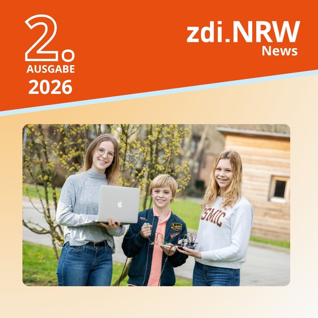 Titelbild der 2. Ausgabe 2026 von zdi.NRW News mit drei Jugendlichen und einem Laptop