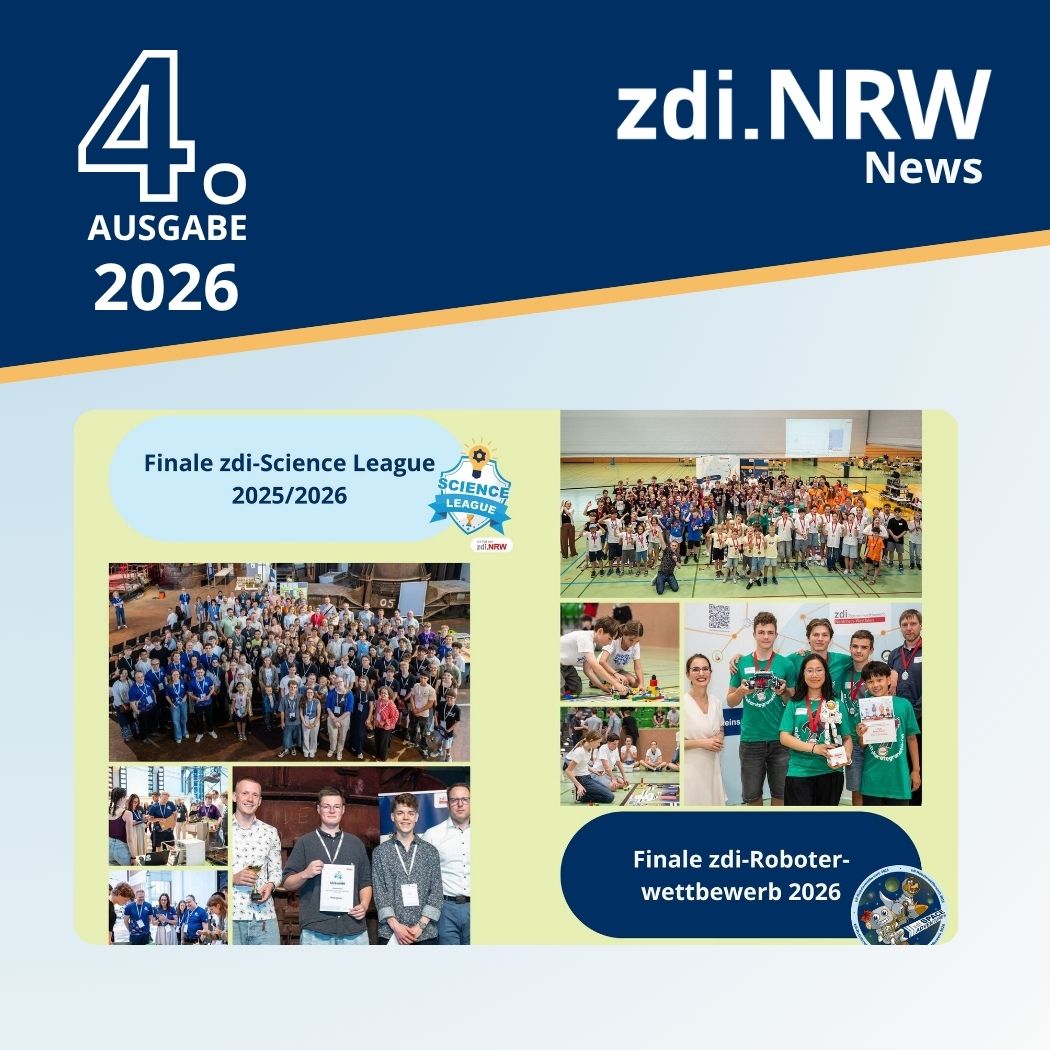 Titelblatt der zdi.NRW News, Ausgabe 4/2026, mit Bildern zur Science League und zum Roboterwettbewerb