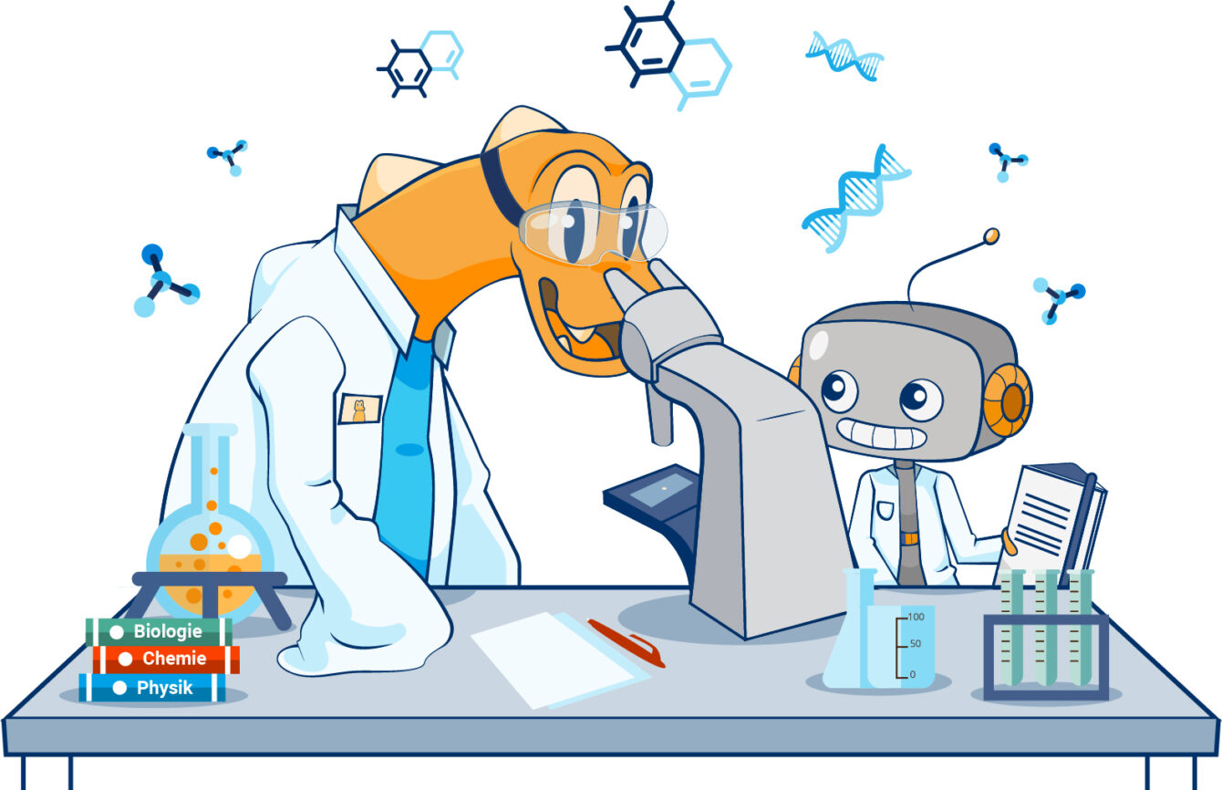 Ein Dinosaurier und ein Roboter im Wissenschaftslabor, umgeben von Molekül- und DNA-Symbolen; Bücher zu Biologie, Chemie und Physik