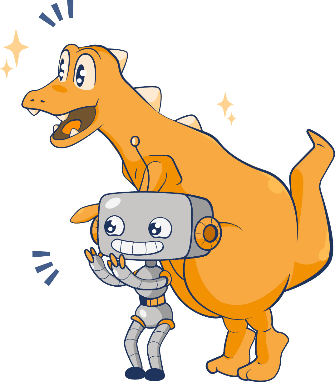 Ein Roboter und ein Dinosaurier schauen freudig überrascht.