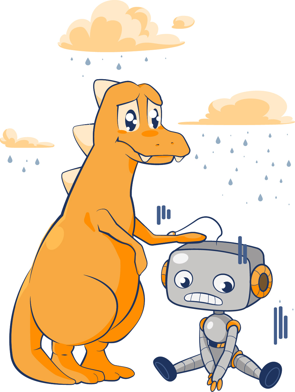 Ein ängstlicher Dinosaurier berührt einen verunsicherten Roboter im Regen