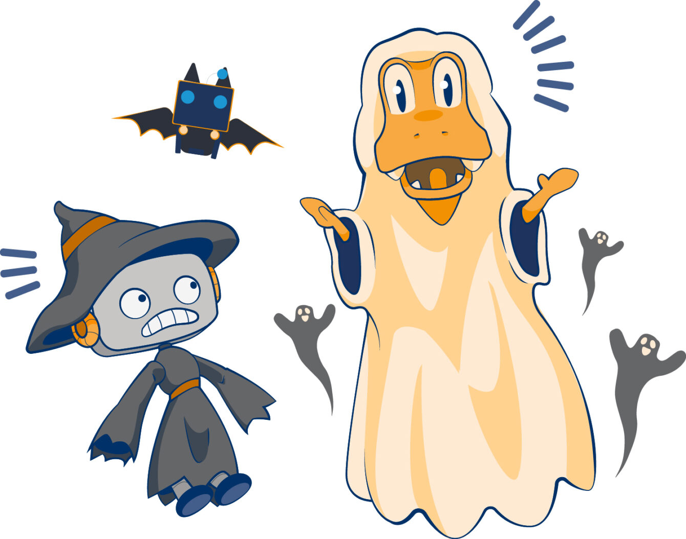 Zwei Halloween-Kostüme: ein Geist und eine Hexe, umgeben von kleinen Fledermäusen und Geistern