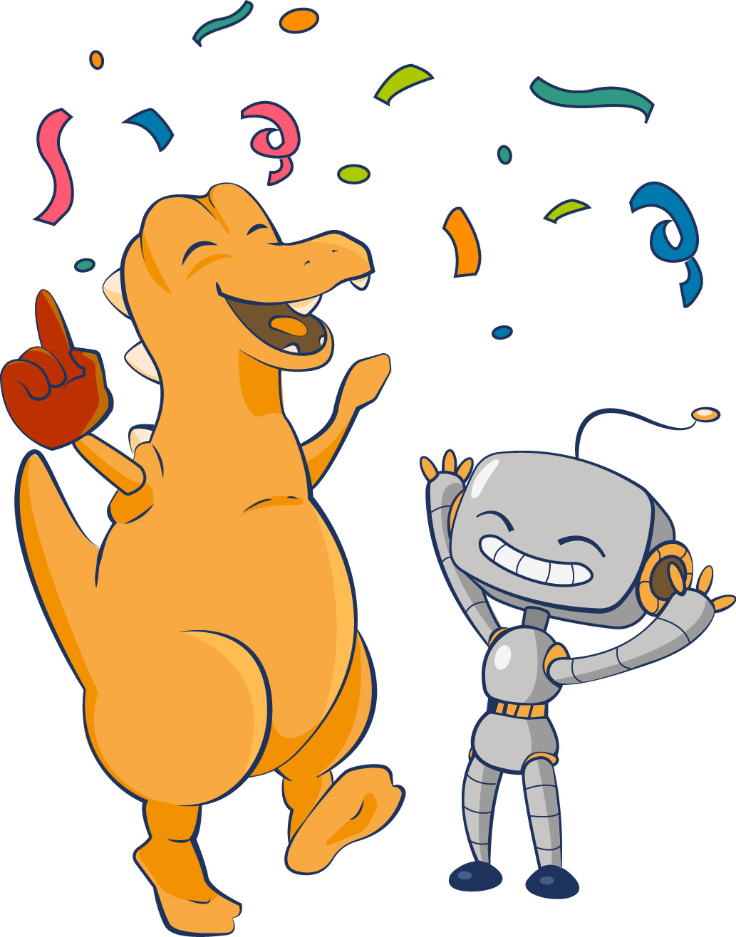 Ein tanzender Dinosaurier und ein lächelnder Roboter unter Konfetti