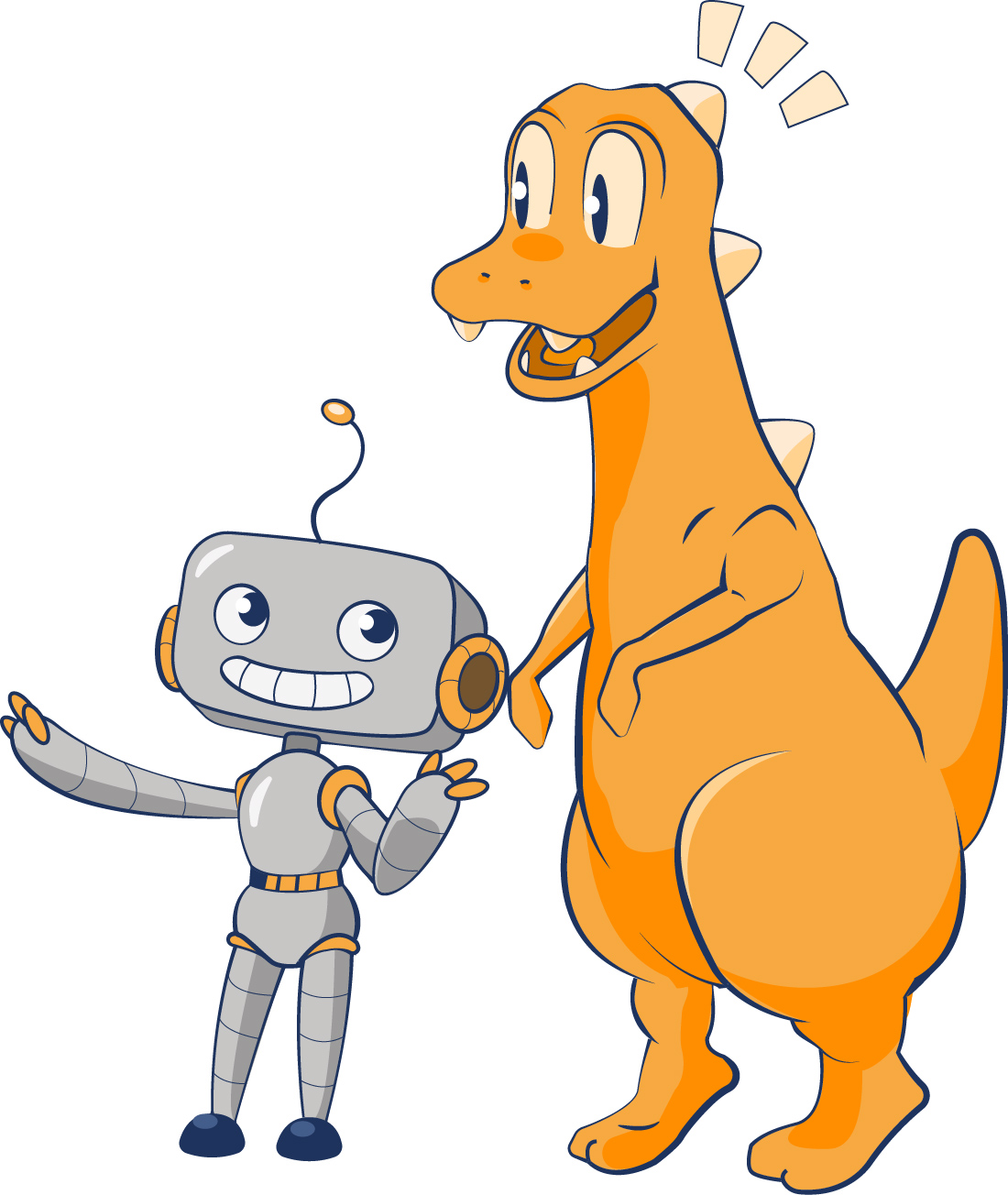 Ein lächelnder Roboter steht neben einem freundlichen orangefarbenen Dinosaurier