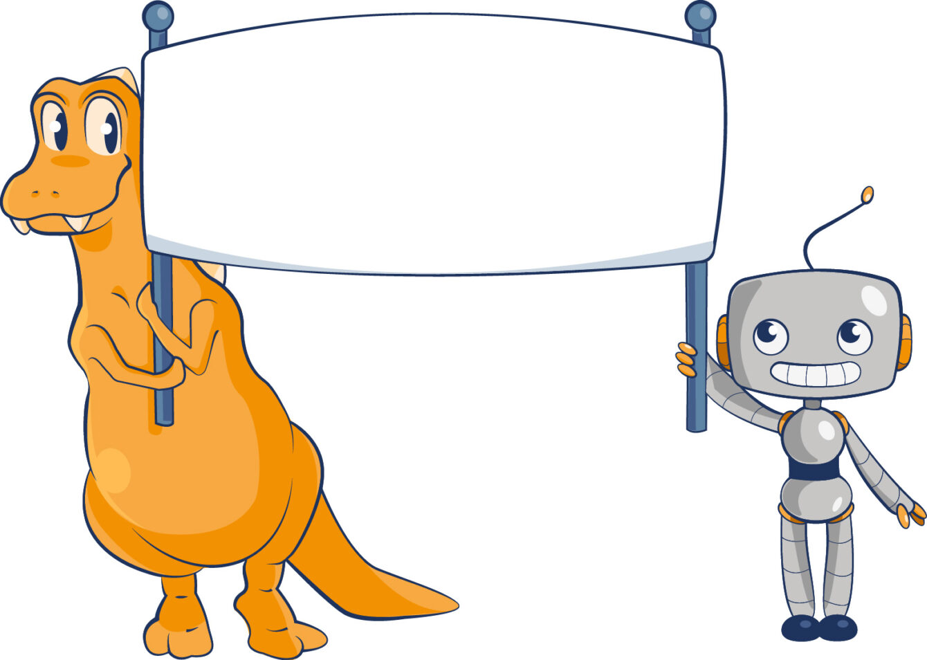 Ein Dinosaurier und ein Roboter halten ein Schild hoch.