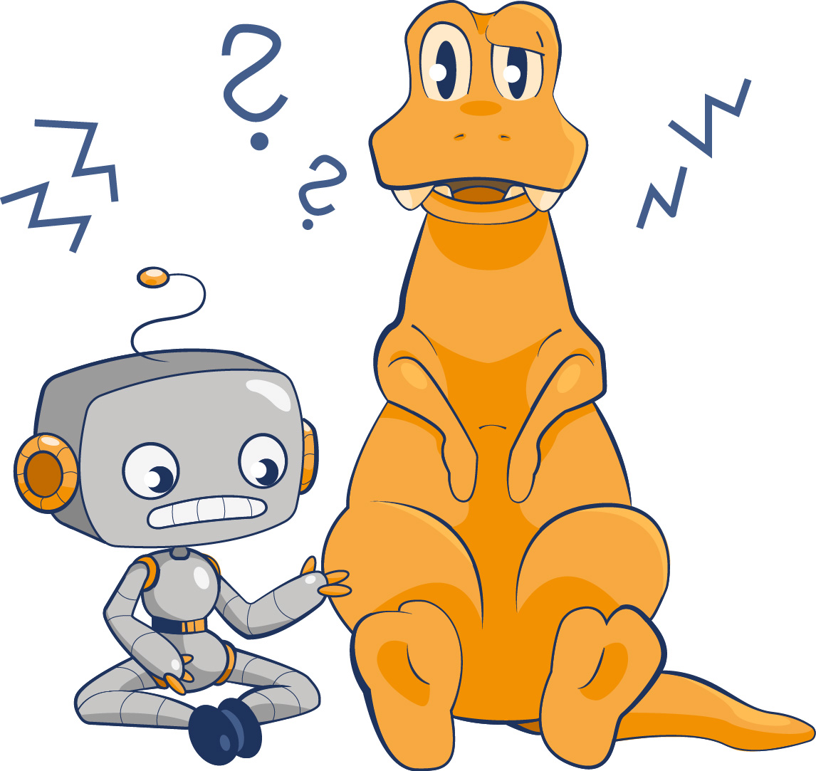 Ein Roboter und ein Dinosaurier sitzen verwirrt nebeneinander