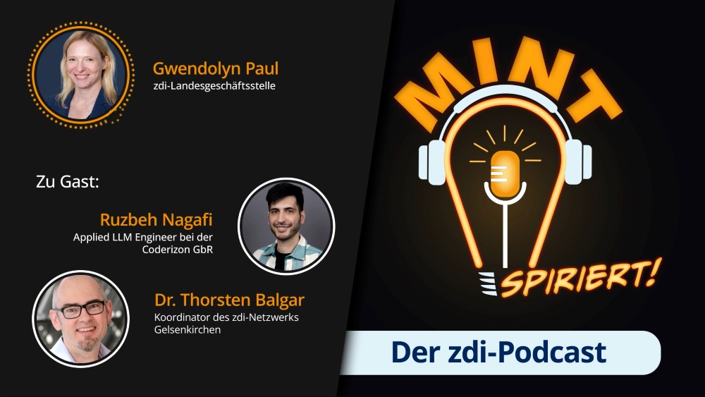 Das Bild zeigt das Cover der 4. Folge der 3. Staffel von MINTspiriert mit Gwendolyn Paul, Ruzbeh und Dr. Thorsten Balgar.
