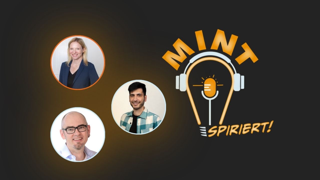 Drei Porträts neben dem Logo „MINT SPIRIERT!“ mit Mikrofon und Kopfhörern