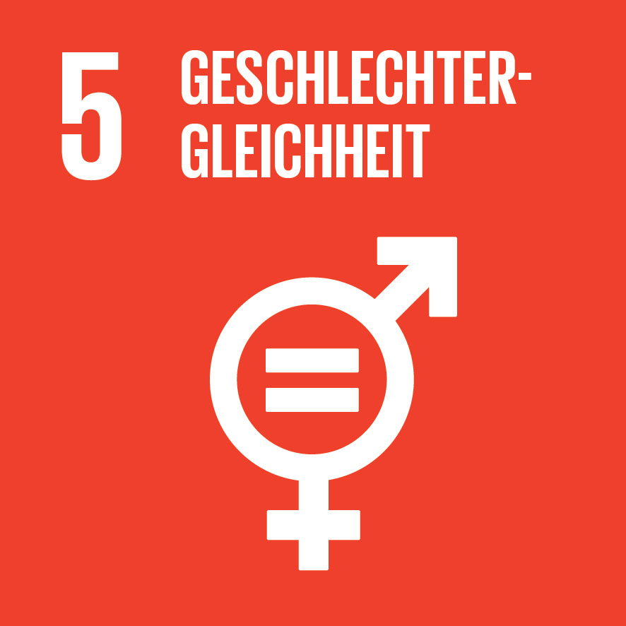 Das Bild zeigt einen roten Hintergrund und ein weißes Symbol für Geschlechtergleichstellung, in dem ein Gleichheitszeichen zwischen den Symbolen für Mann und Frau zu sehen ist. Der Text lautet „5 Geschlechtergleichheit“ und steht für das SDG 5: Geschlechtergleichstellung. Er unterstreicht die Bedeutung der Chancengleichheit für alle Geschlechter.