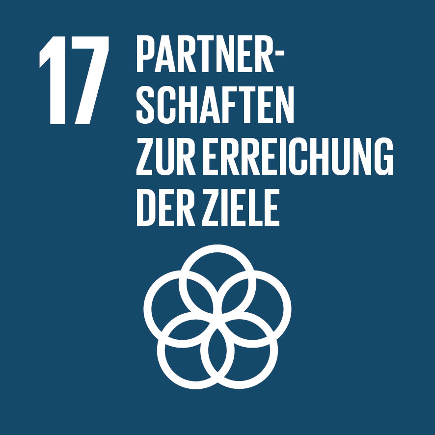 Das Bild zeigt weiße Schrift auf blauem Hintergrund mit dem Text „17 Partnerschaften zur Erreichung der Ziele“. Unter dem Text befindet sich ein weißes Symbol mit fünf ineinandergreifenden Ringen, das für nachhaltige Zusammenarbeit steht.