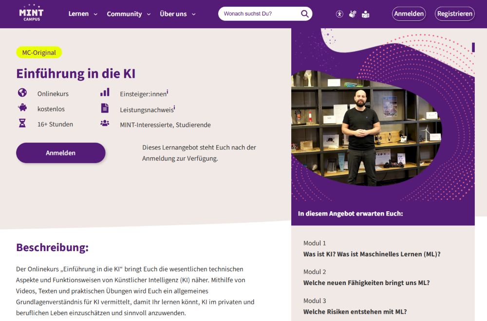 Einführung in die KI: Onlinekurs für Einsteiger:innen, kostenlos, 16+ Stunden, mit Anmelden-Button