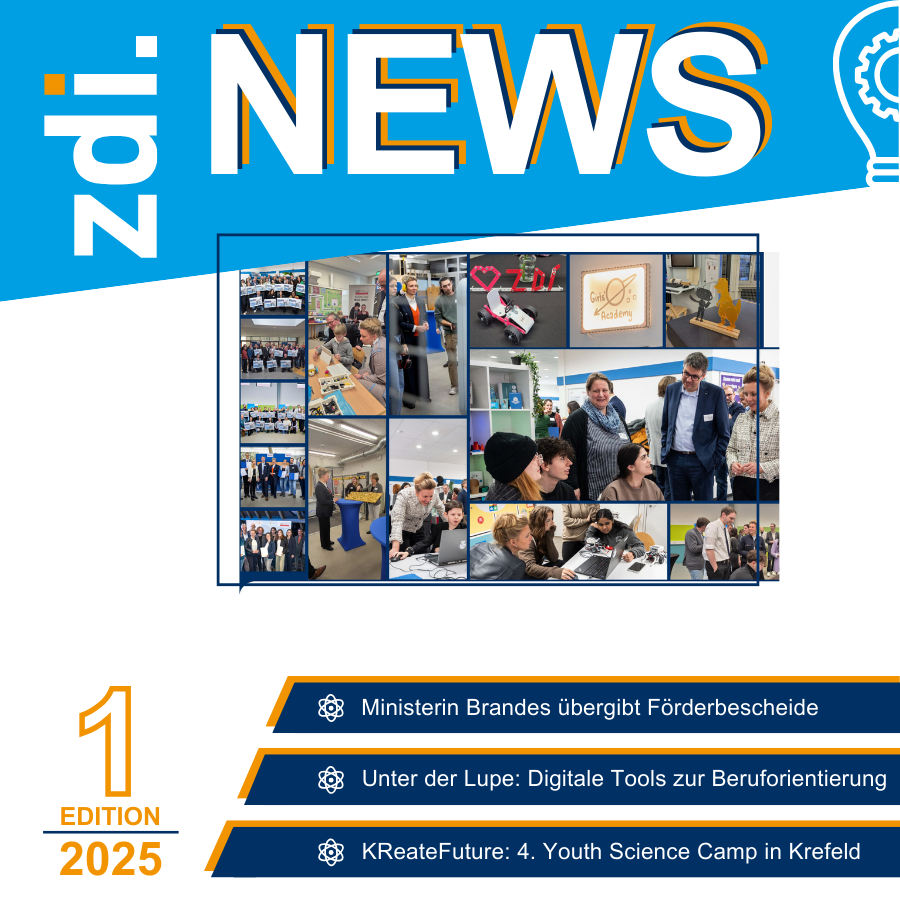 Titelbild „NEWS“ mit Collage aus Veranstaltungsfotos und den Themen: Ministerin Brandes übergibt Förderbescheide, Digitale Tools zur Berufsorientierung, KReateFuture: 4. Youth Science Camp in Krefeld