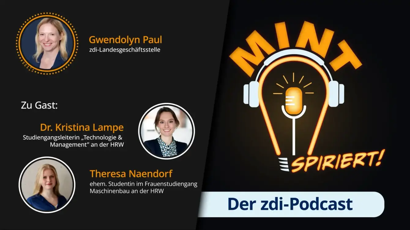Das Bild zeigt ein Foto der Podcast-Moderatorin Gwendolyn Paul von der zdi-Landesgeschäftsstelle und von den Podcast-Gästinnen Dr. Kristina Lampe, Studiengangsleiterin "Technologie & Management" an der HRW und von Theresa Naendorf, ehem. Studentin im Frauenstudiengang Maschinenbau an der HRW.